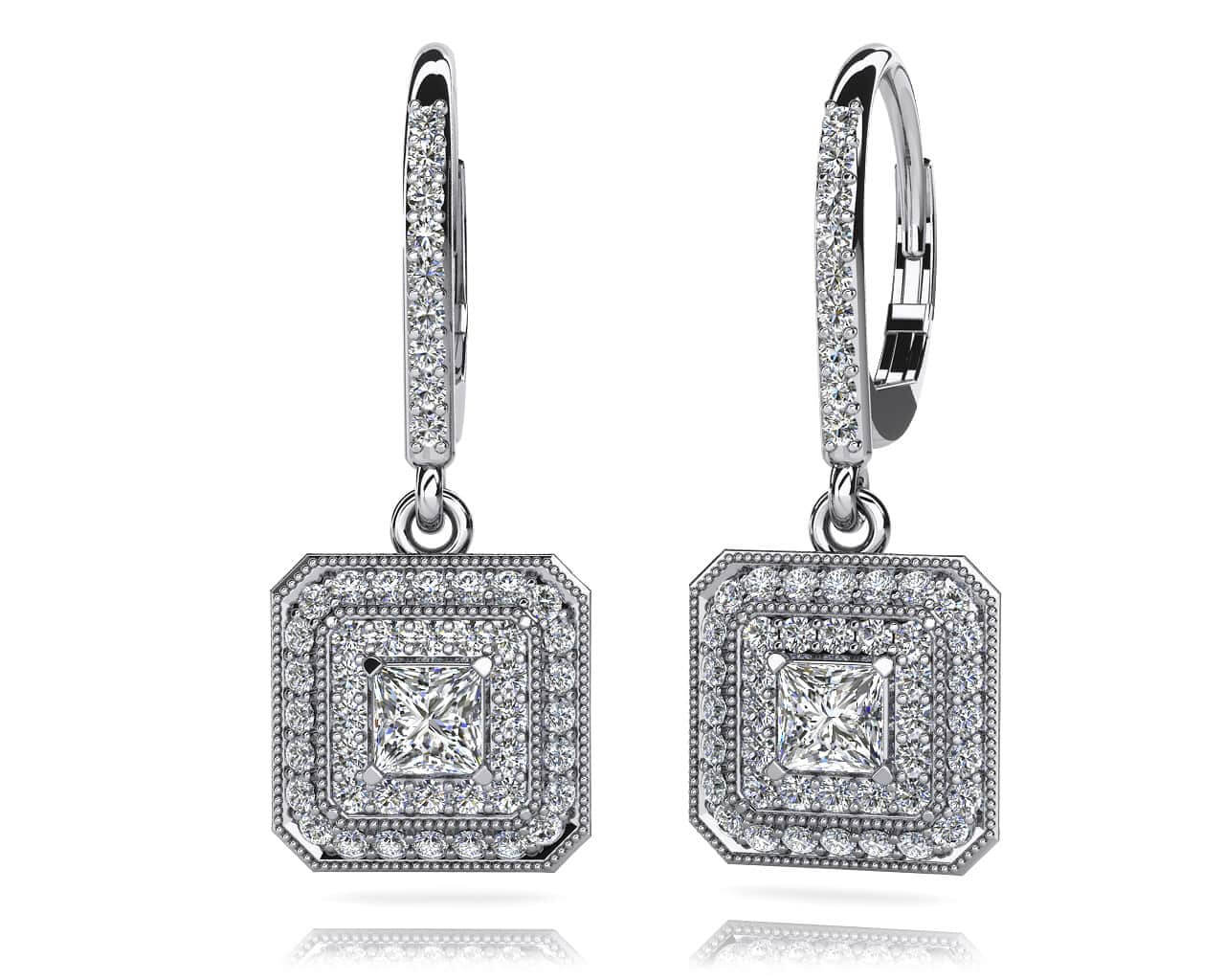 Square Shaped Princess And Round Diamond Earrings Diamond with 1.36 ct. (2X0.29 ct. center diamonds)